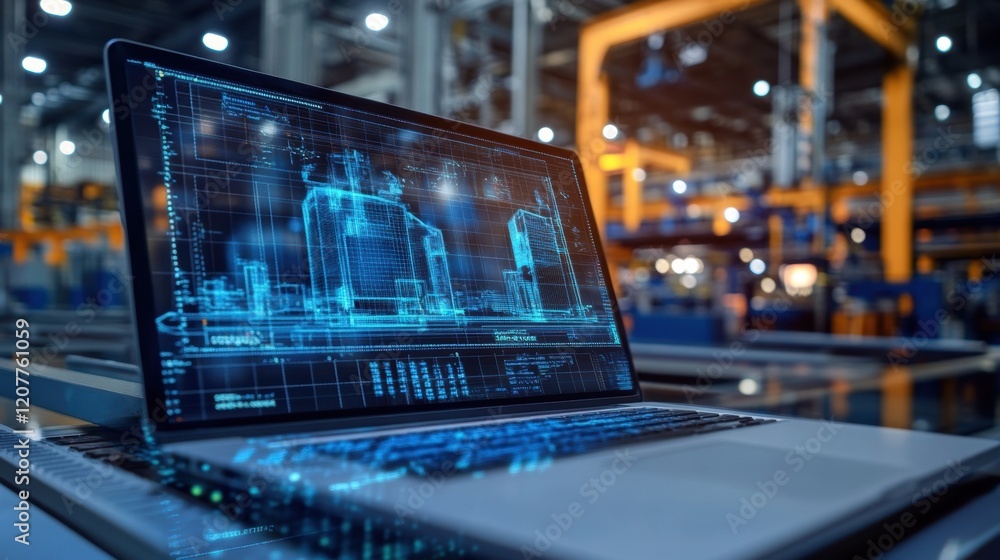 Poster open laptop displaying holographic blueprint of building plans within a technologically advanced fac