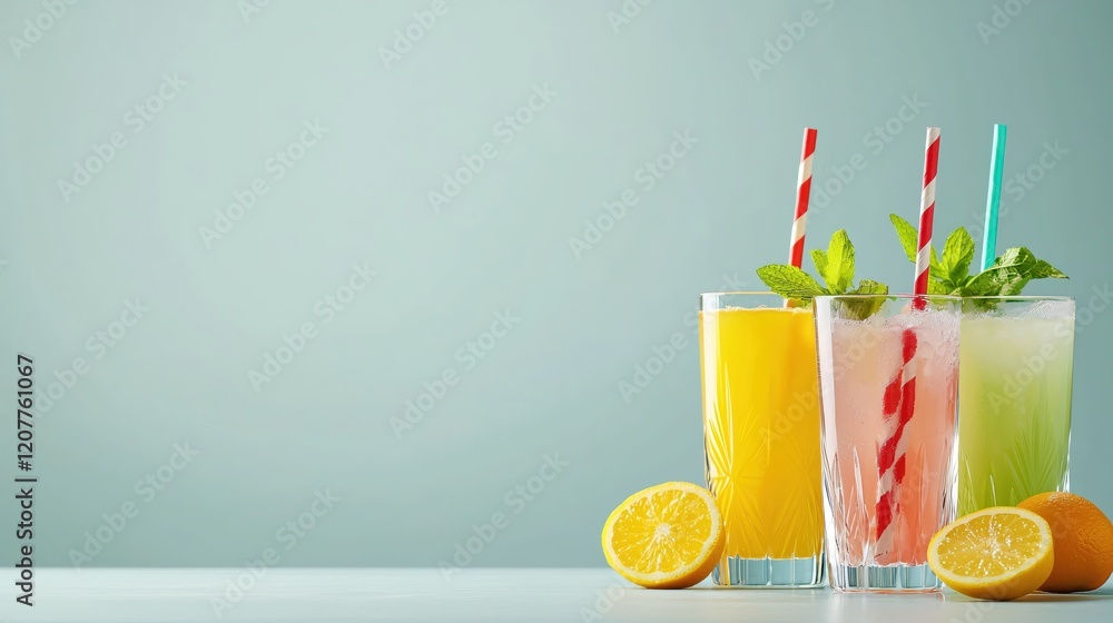Aufkleber refreshing summer drinks with straws and mint on a light blue background with citrus fruits