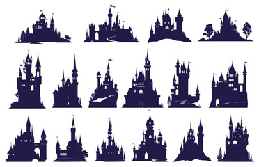 Fototapeta premium Black castle silhouettes. Fairytale fantasy medieval kingdom building with towers trees, princess royal palace set vector illustration