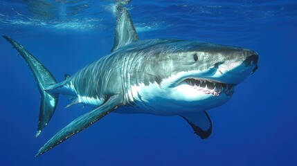 Fototapeta premium Great White Shark Swimming in Clear Blue Water Exhibiting Natural Hunting Behavior Underwater Environment