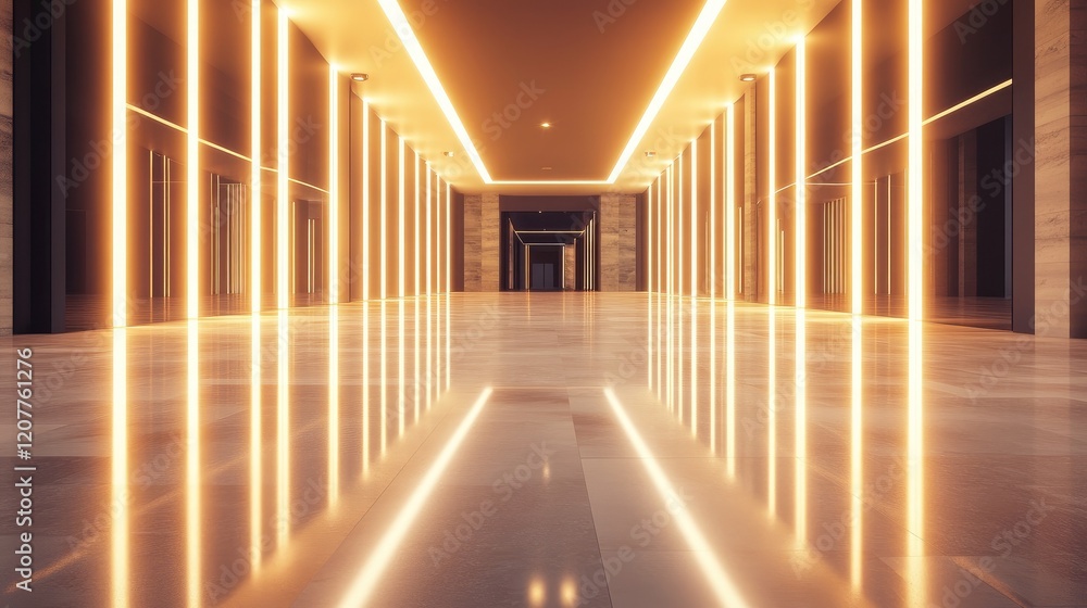 Poster contemporary empty hallway with bright illumination and reflective floors in modern architecture des