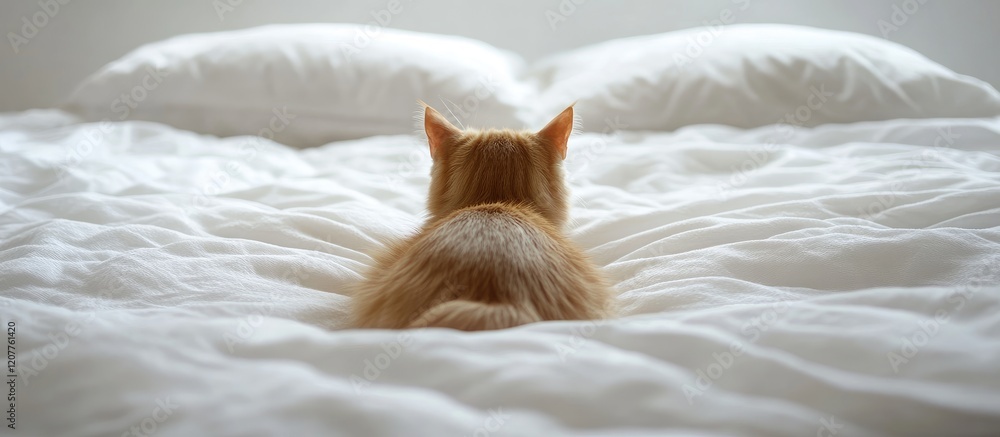 Poster ginger cat relaxing on plush white bedding with soft textures and empty space for custom text in ser