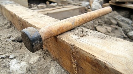 Hammer Resting on Wooden Beam During Construction Work