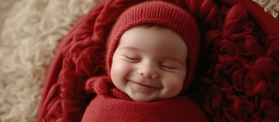 Joyful newborn baby bundled in vibrant red fabric, smiling contently on soft beige background with ample space for text placement.