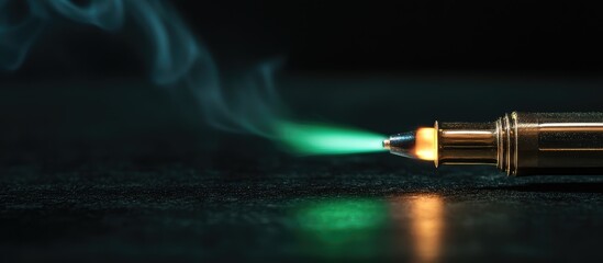 Fototapeta premium Green Flame Metal Spray Nozzle Jeweler's Sharpening Pen with White Smoke on Black Background High-Resolution Image with Copy Space for Text
