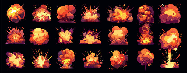 Obraz premium Bomb explosions. Cartoon fiery blasts smoke clouds, comic effects burst for game, dynamite destruction animation boom set vector illustration