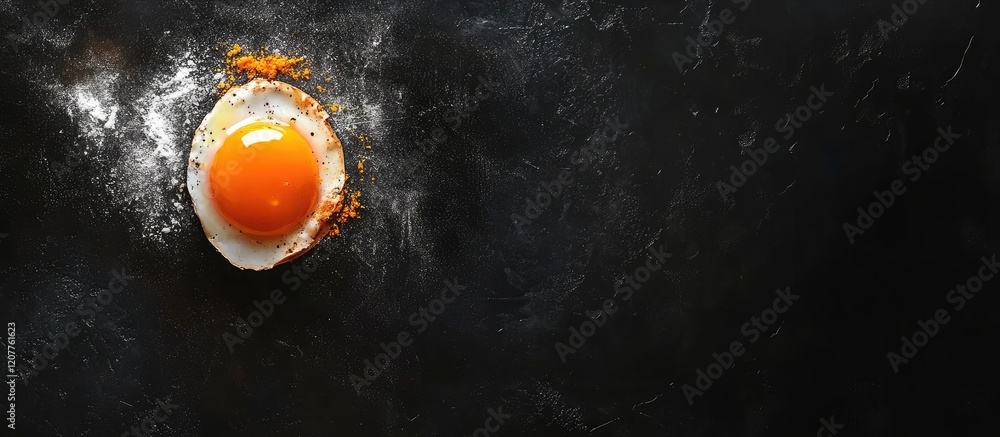 Poster fried egg with burst yolk and crusty edges on dark slate background featuring generous copy space fo