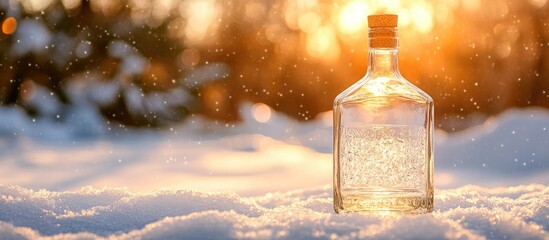 Vodka bottle placed on a snowy surface illuminated by sunlight with a blurred background and empty space for text.