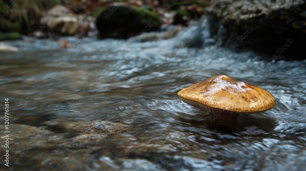 Poster mushroom resting in a serene stream surrounded by natural stones and soft flowing water creating a p