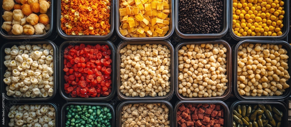 Poster diverse array of colorful dried foods in black containers on wooden table with text space for multin