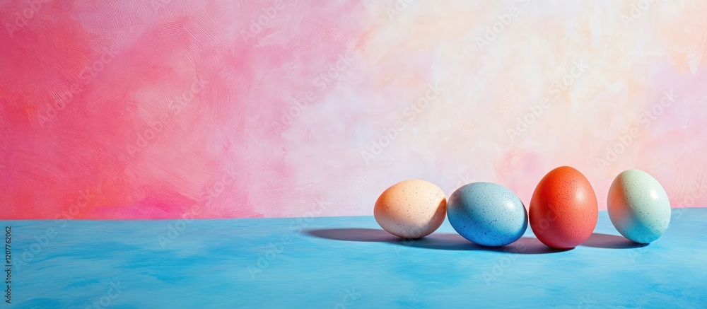 Poster festive easter composition featuring multicolored eggs in soft pastels on a vibrant blue and pink ba