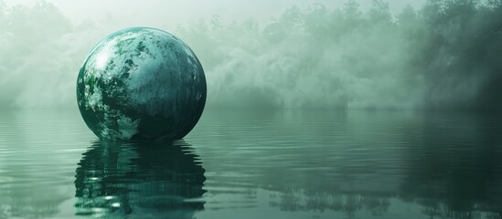 Reflective green sphere on calm lake surface with misty background, creating an ecological theme and ample space for textual content.