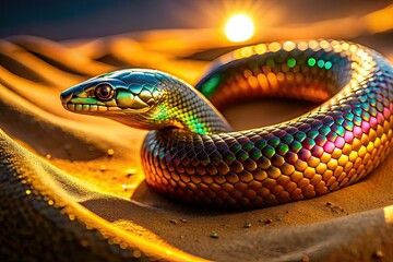 Fototapeta premium Glowing Metallic Snake on Sand - Macro Photography AI Art