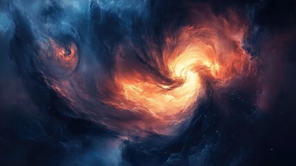 Vibrant Abstract Cosmic Nebula with Dark Swirling Smoke and Fiery Orange Hues Surrounded by Deep Blue Space Elements in Enigmatic Design