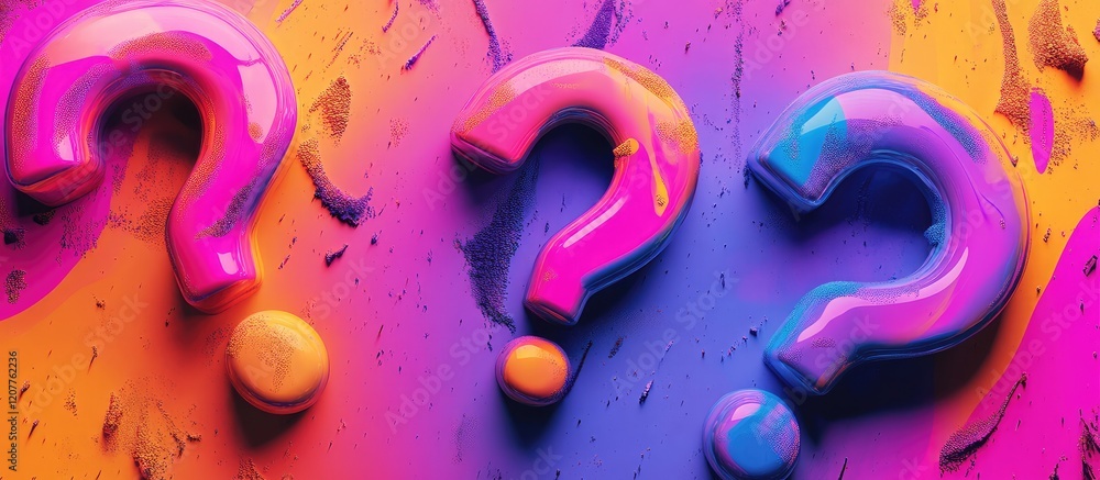 Poster surreal multicolored question marks in vibrant pink and purple hues on a bold abstract background wi