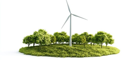 Wind Turbine Surrounded by Lush Green Trees on White Background with Clear Copy Space for Text and Illustrative Green Energy Concept