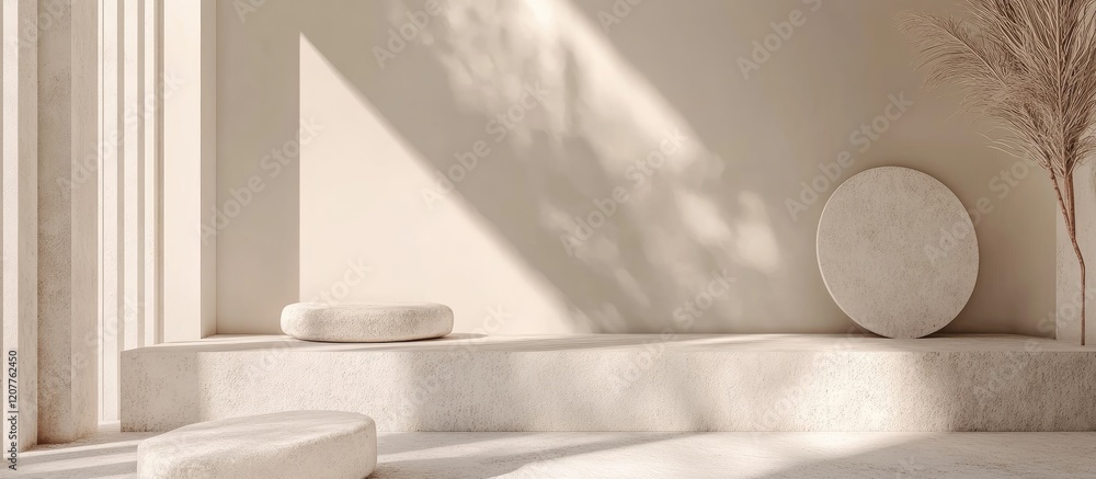 Poster neutral toned minimalist interior composition with soft shadows and empty space for text in warm bei