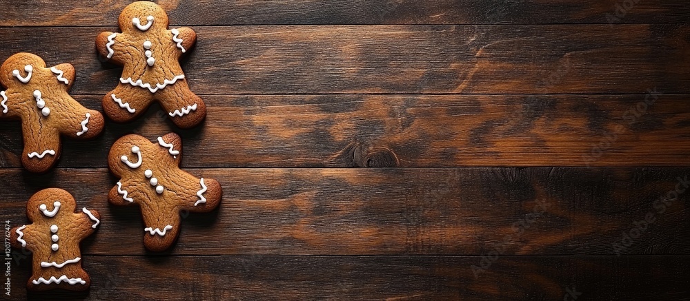 Aufkleber gingerbread cookies with white icing on dark wooden background top view with empty space for text in