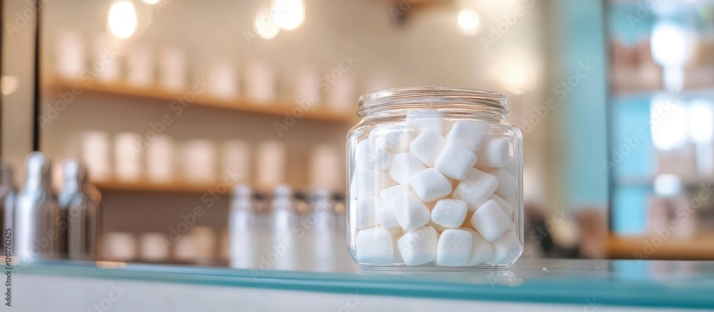 Poster Glass jar filled with white marshmallows on contemporary store display with blurred background and empty copy space for text