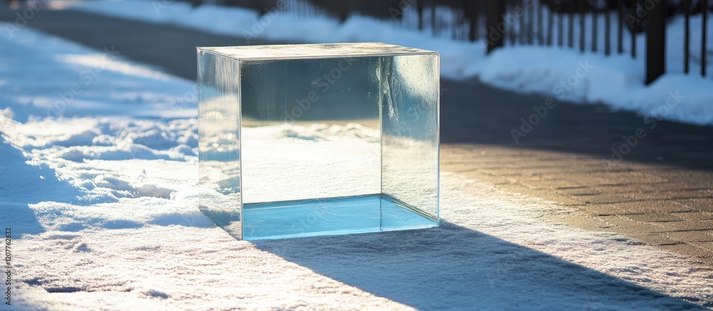 Aufkleber clear glass cube positioned on a snowy sidewalk in winter with sunlight casting shadows and ample co