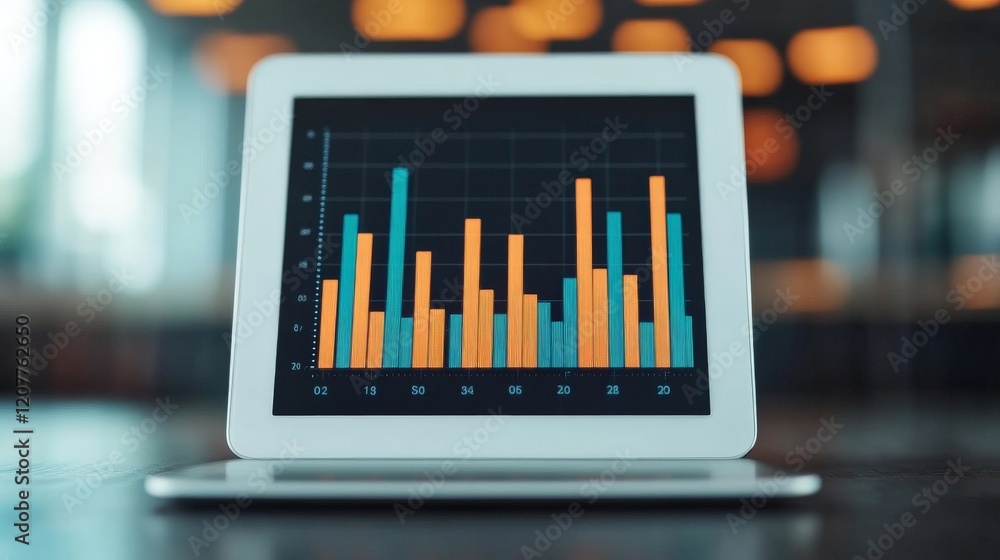 Poster data analysis on tablet: a close-up shot of a tablet displaying a bar graph, showcasing data analysi