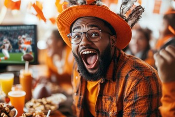 Fototapeta premium A sports fan yelling at a television during a game, with snacks and drinks spread out on the table in front of them