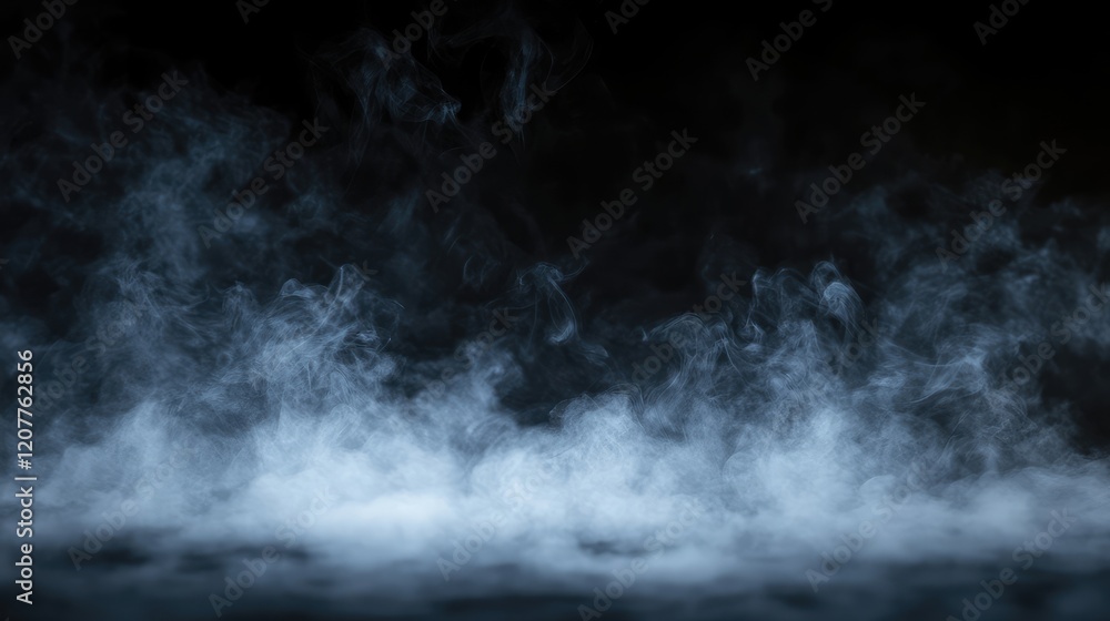 Poster foggy atmosphere with ethereal blue and gray hues set against a deep black background creating a mys