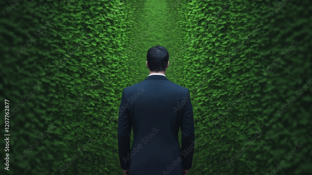 Poster the path less traveled: a businessman in a suit walks confidently down a path lined by lush green he