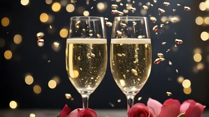 "Two glasses of champagne clinking together, with heart-shaped confetti falling around them in soft focus."
