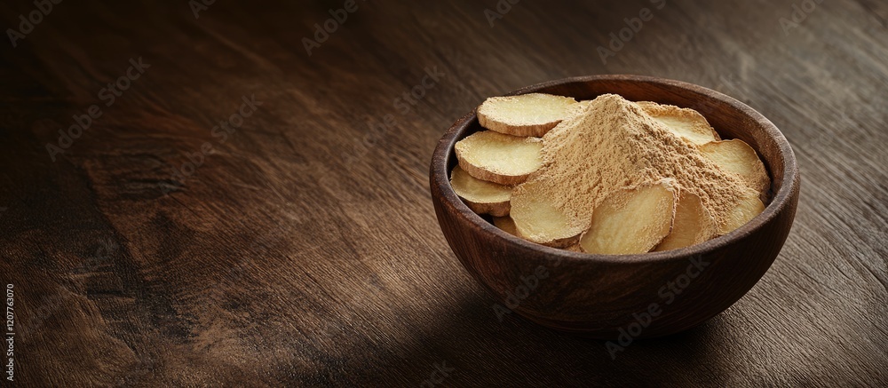 Poster ginger powder in a rustic wooden bowl surrounded by ginger root slices on a dark wooden table with a