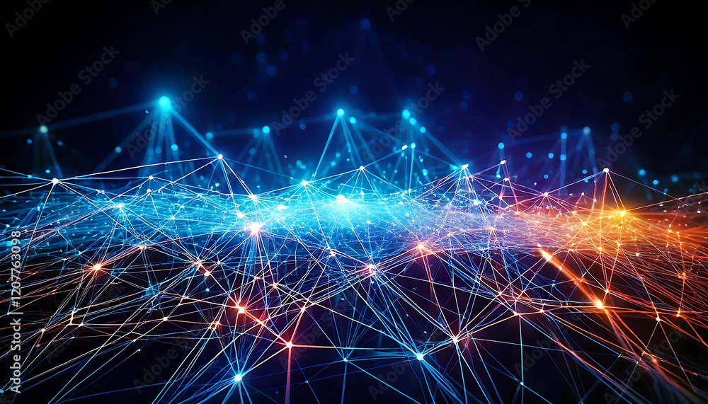Poster stunning abstract image depicting a complex network of interconnected nodes, glowing with vibrant bl