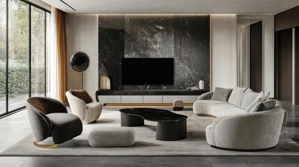 Stylish modern living room with gray furnishings and black TV amidst large windows showcasing natural light and greenery outside