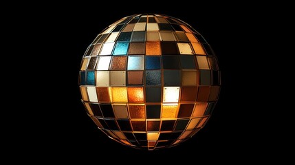 Contemporary geometric disco ball illuminated with mystical golden and blue reflections against a black background, macro photography detail.