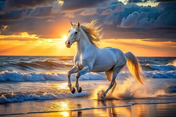 Glowing White Horse Galloping Dark Beach Ocean Rule of Thirds