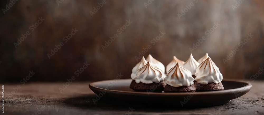 Poster warm chocolate gingerbread houses with meringue topping on a rustic plate brown wooden table backgro