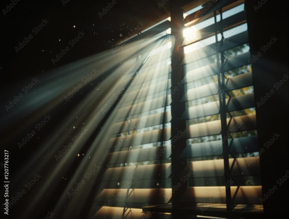 Poster a window with blinds partially pulled down, allowing light to stream through and create a pattern of rays on the surface below.