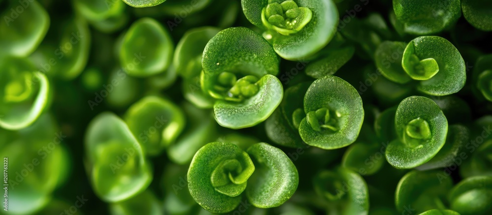 Aufkleber close-up of lush green cactus succulents with vibrant texture on soft focus background featuring emp