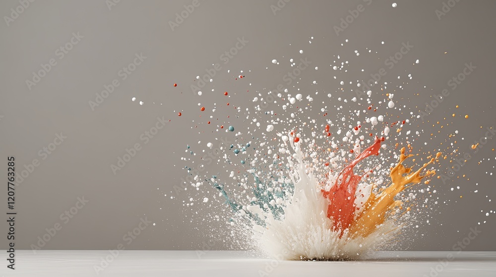 Poster vibrant splashes of paint burst in a dynamic display, showcasing an explosion of colors on a clean w