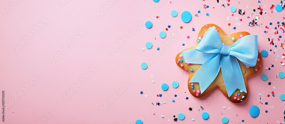 Poster colorful gingerbread cookie decorated with light blue bow and confetti on soft pink background with 