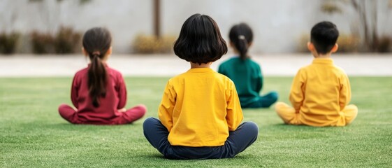 Four children sit cross-legged on grass, facing away from the camera, engaged in a moment of mindfulness or meditation in colorful attire.