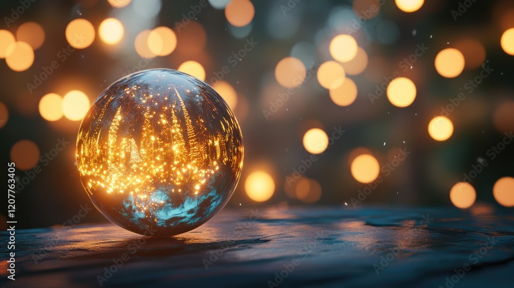 Poster festive new year decorations with a reflective light ball and warm bokeh background creating a joyfu