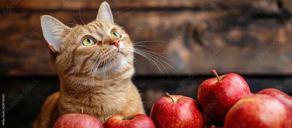 Poster ginger cat with vibrant green eyes gazing at fresh red apples on rustic wooden background with ample