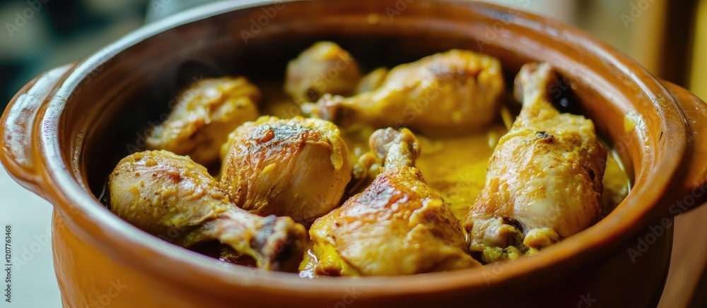 Poster ginger turmeric chicken stew simmering in a rustic clay pot featuring golden hues and aromatic spice