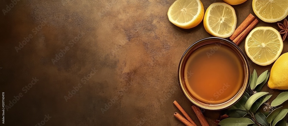 Poster warm ginger tea with fresh lemon slices and cinnamon sticks on a rustic wooden surface with empty sp
