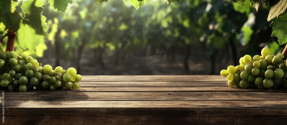 Poster fresh green grapes on a rustic wooden table in a vineyard with lush greenery and empty space for tex
