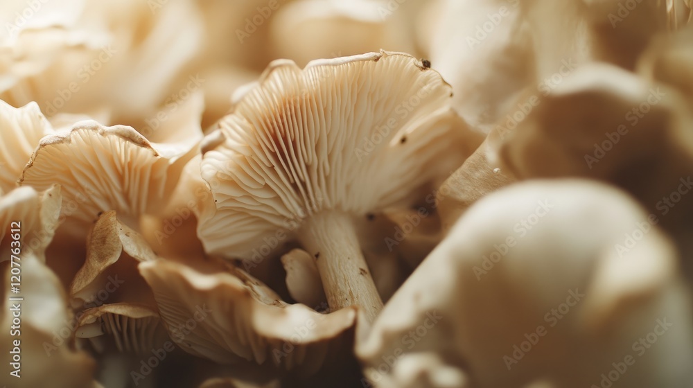 Poster mushroom cluster macro shot with soft focus highlighting natural texture and details in organic envi