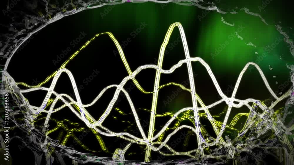 Poster glowing neon waveforms in blue and purple, interlaced with green energy-like patterns against a dark