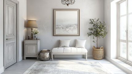 Bright and airy modern light gray entryway featuring a cozy bench, elegant lamp, and decorative plants in a stylish studio apartment setting.