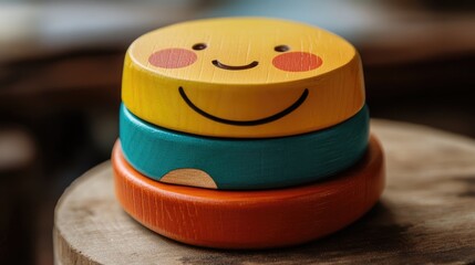 Colorful Smiling Wooden Stacking Toy for Babies Promoting Early Childhood Development and Playfulness