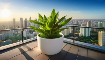 Fototapeta premium a vibrant plant in a white cup on a sunny balcony overlooking a city